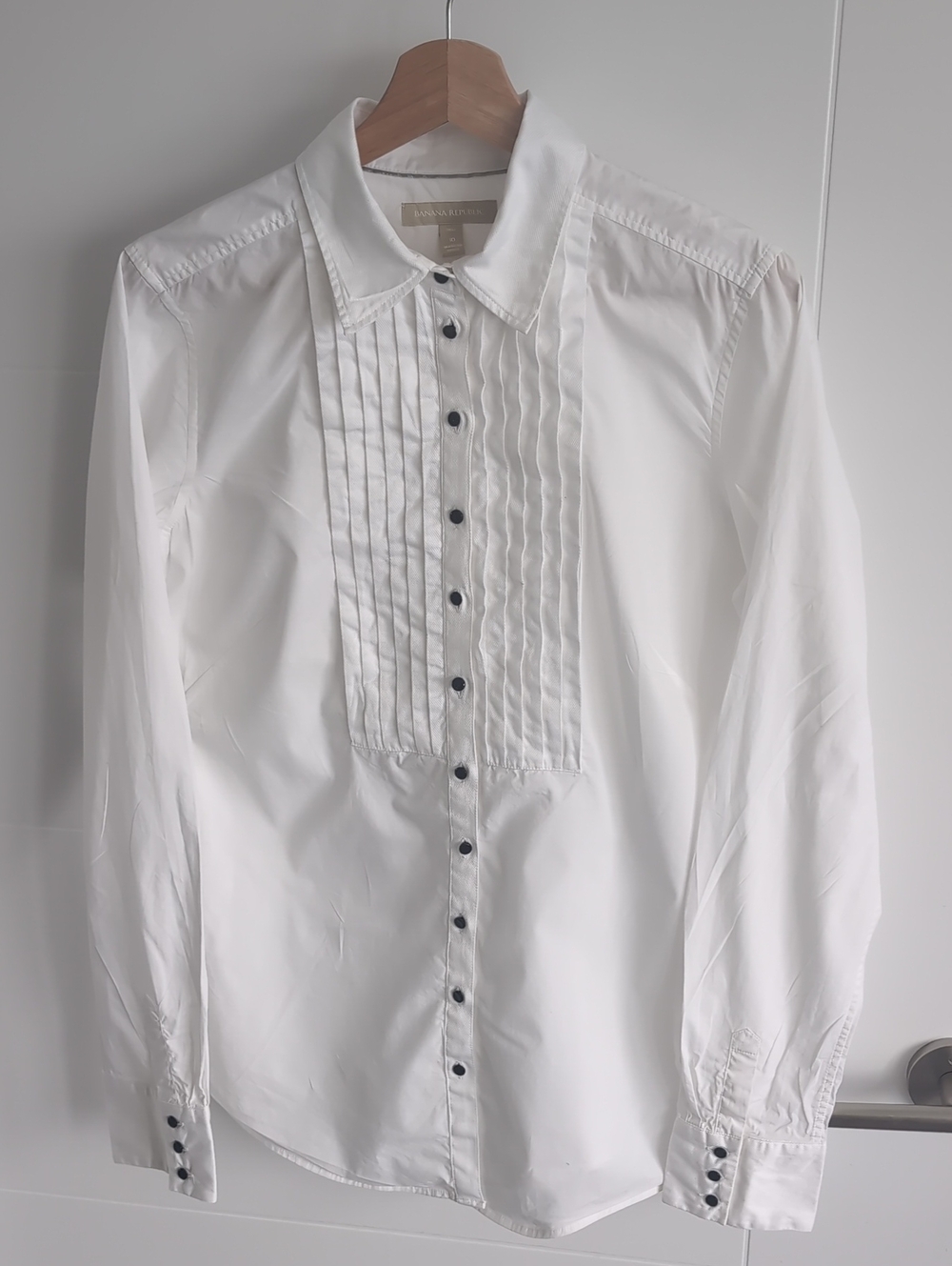 Banana Republic White Tuxedo Shirt | Pintuck Bib Black Buttons | Size 10 Tall